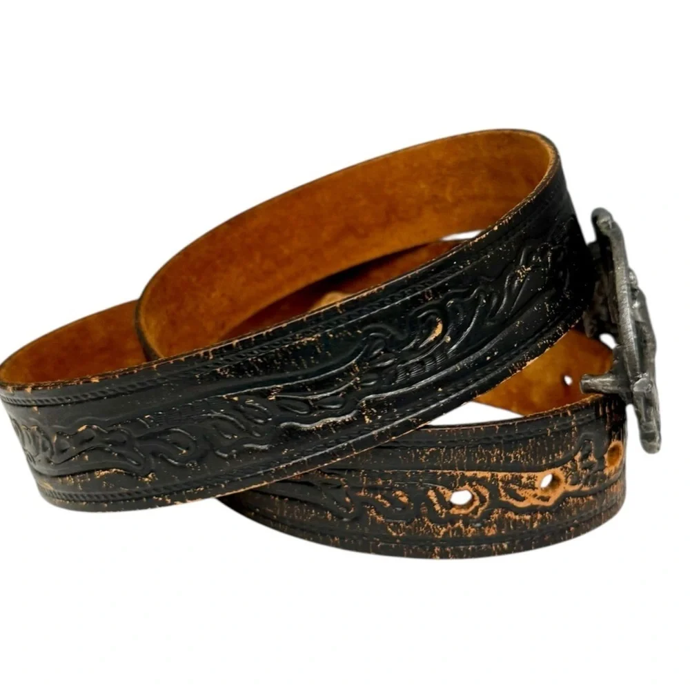 Vintage Siskiyou Black Distressed Leather Belt with Pewter Square Dancing Buckle